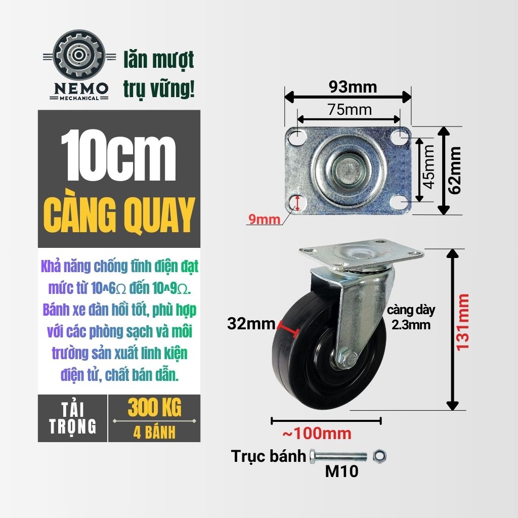 Bánh Xe Chống Tĩnh Điện ESD – Chuyên Dụng Phòng Sạch & Linh Kiện Điện Tử (D75, D100, D125)